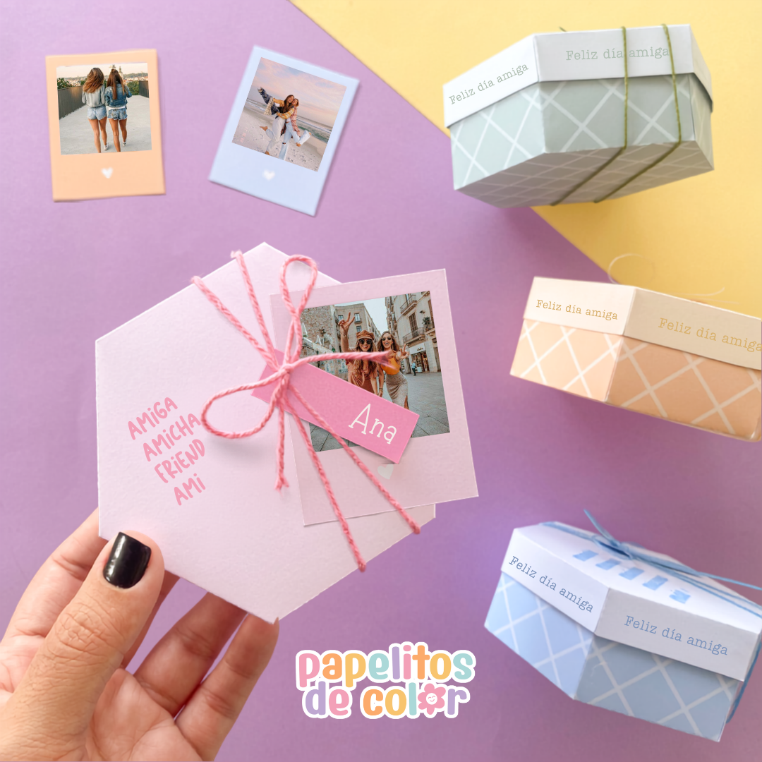 💛 Caja Sextagonal + Polaroids Imprimibles | Día del Amigo