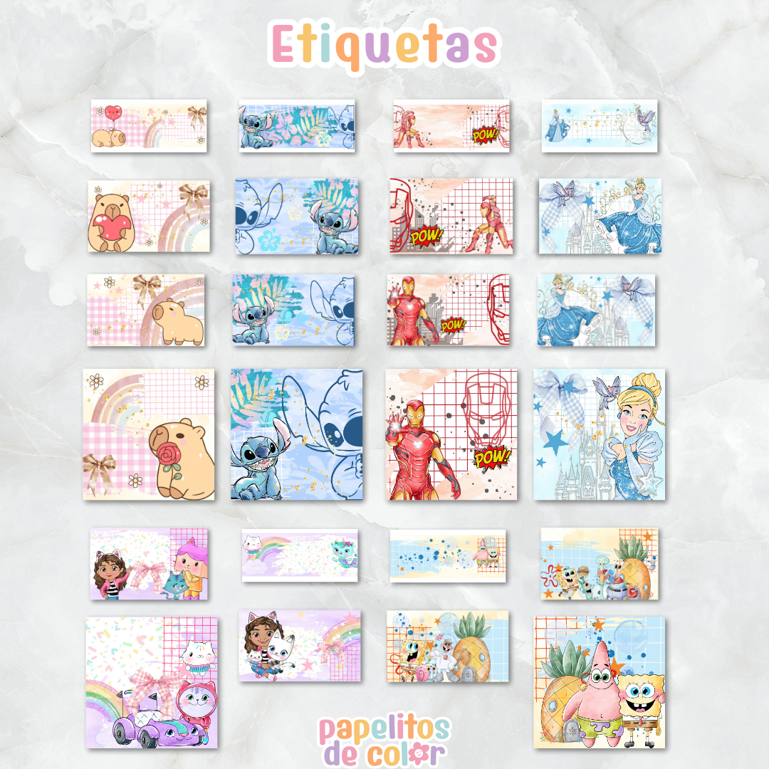 🎒 Combo Etiquetas – 39 Personajes ✂️✨