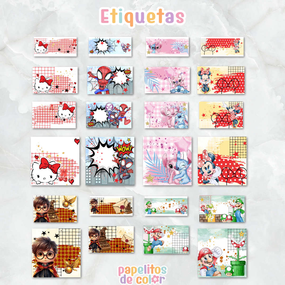 🎒 Combo Etiquetas – 39 Personajes ✂️✨