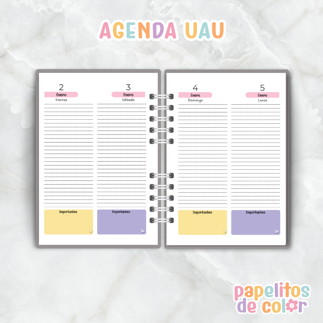 Agenda Uau 2026 – 2 Días por Hoja 🌸📔✨