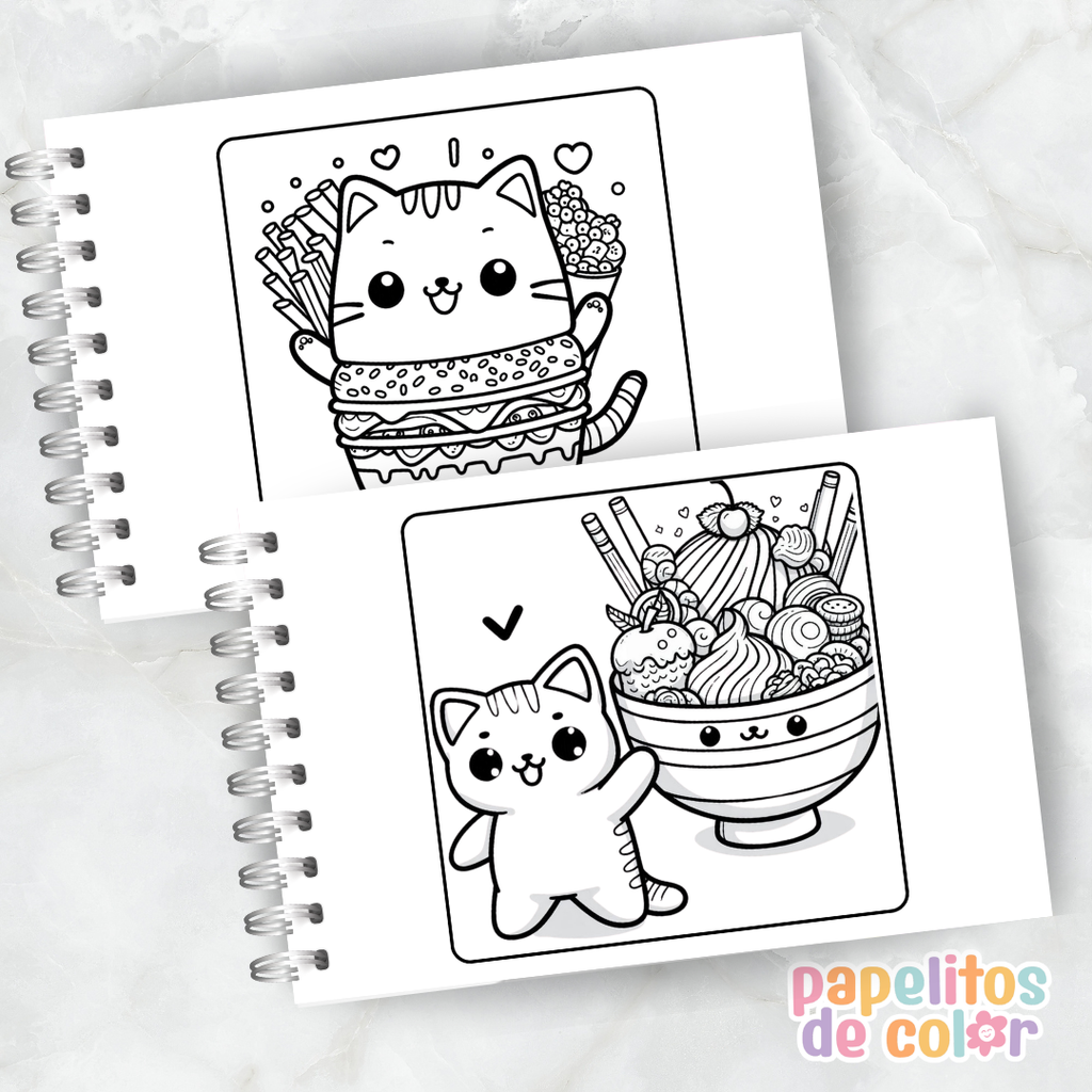 🐱🍔 Libro para Pintar Cat Food Kawaii 🎨✨