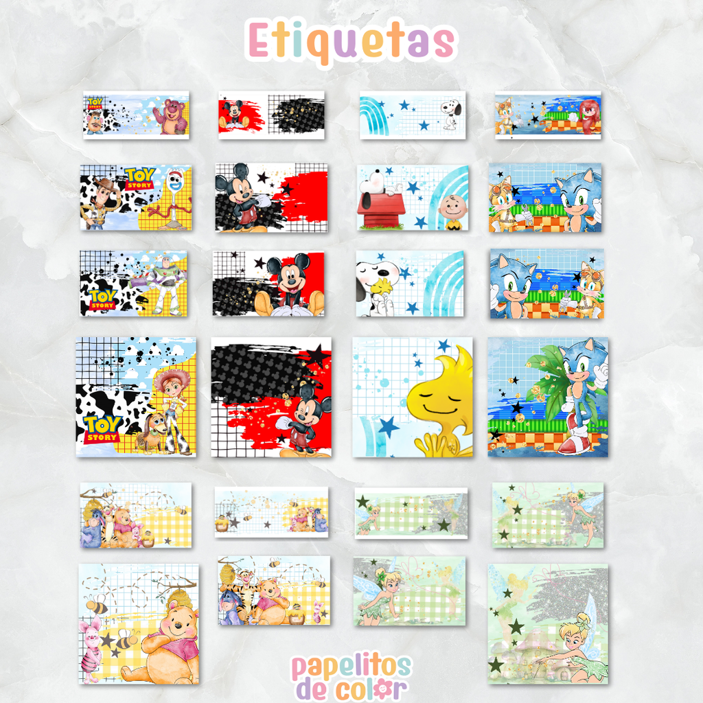 🎒 Combo Etiquetas – 39 Personajes ✂️✨