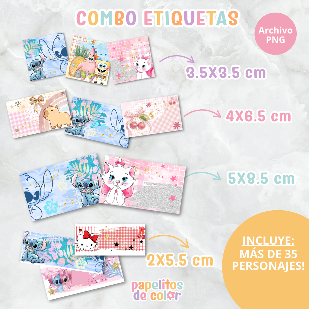 🎒 Combo Etiquetas – 39 Personajes ✂️✨